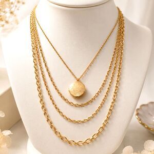 Vintage Gold Tone Multi Chain Floral Locket Necklace